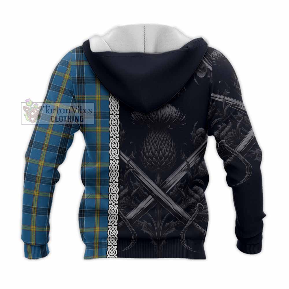 Laing Tartan Knitted Hoodie with Family Crest Cross Sword Thistle Celtic Vibes - Tartan Vibes Clothing