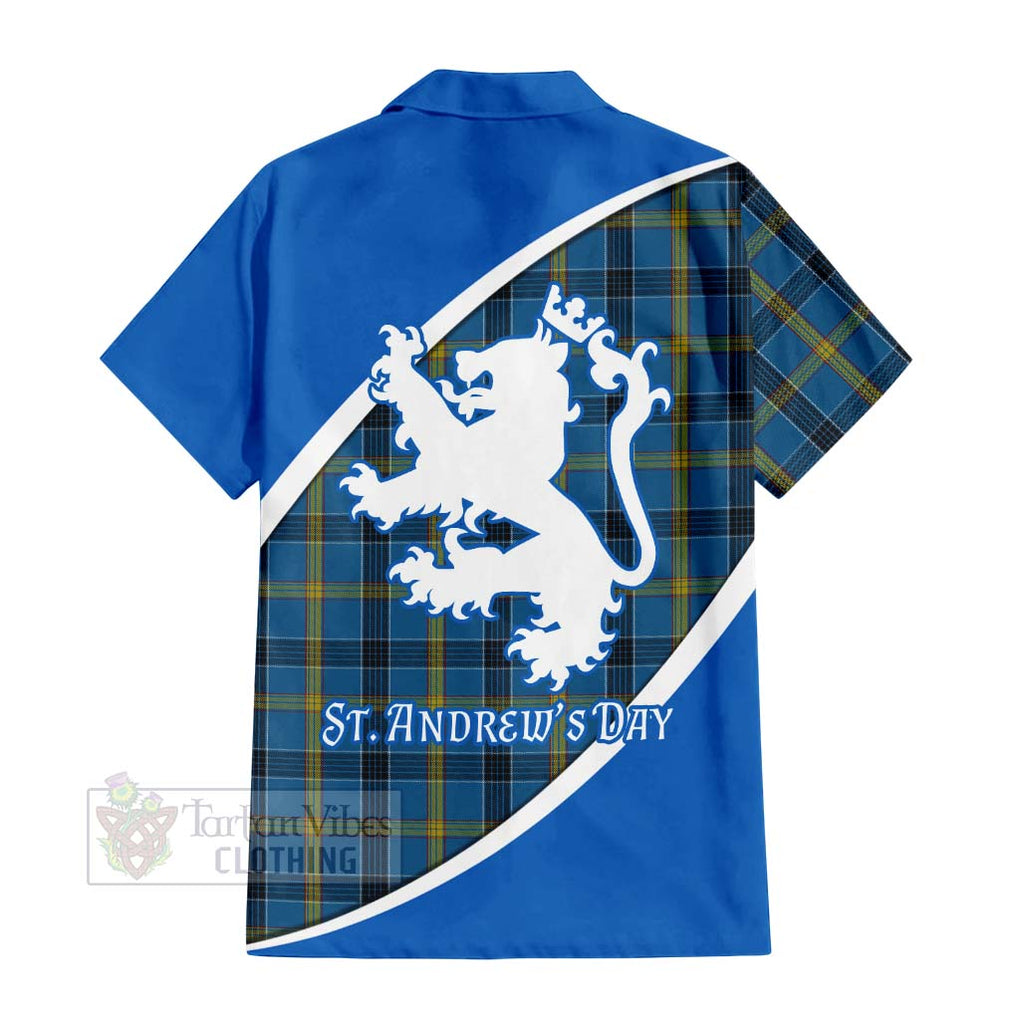 Tartan Vibes Clothing Laing Family Crest Tartan Short Sleeve Button Shirt Celebrate Saint Andrew's Day in Style