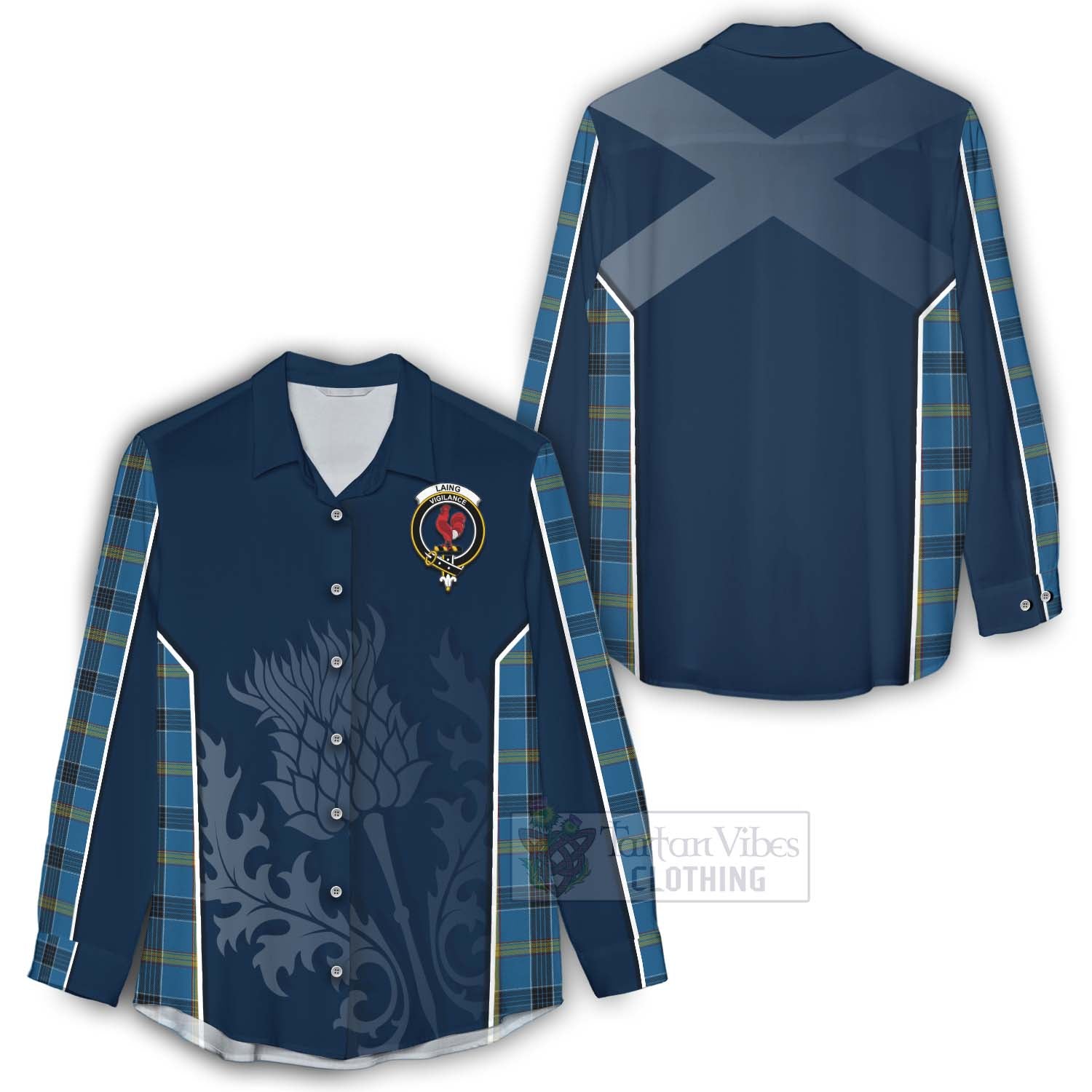 Tartan Vibes Clothing Laing Tartan Women's Casual Shirt with Family Crest and Scottish Thistle Vibes Sport Style