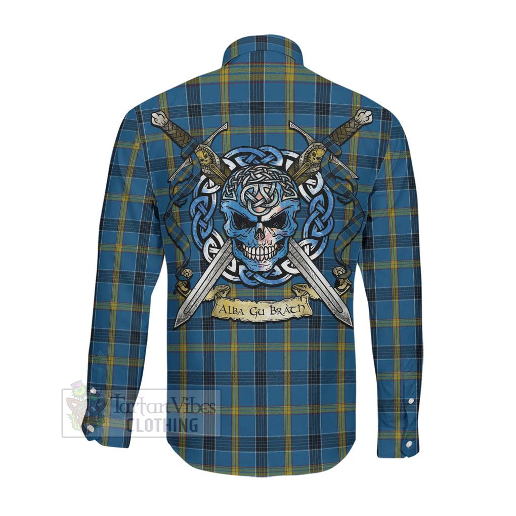 Tartan Vibes Clothing Laing Tartan Long Sleeve Button Shirt with Family Crest Celtic Skull Style