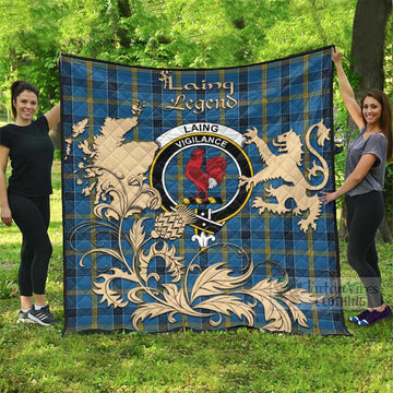 Laing Tartan Quilt with Family Crest and Scottish Symbol Style