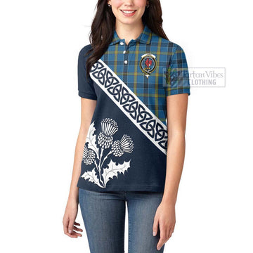 Laing Tartan Women's Polo Shirt Featuring Thistle and Scotland Map