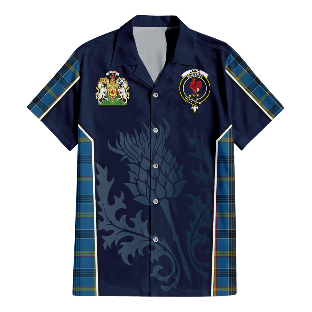 Tartan Vibes Clothing Laing Tartan Short Sleeve Button Up Shirt with Family Crest and Scottish Thistle Vibes Sport Style