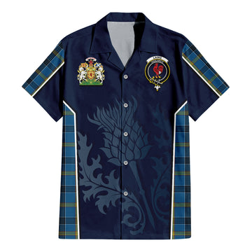 Laing Tartan Short Sleeve Button Up Shirt with Family Crest and Scottish Thistle Vibes Sport Style