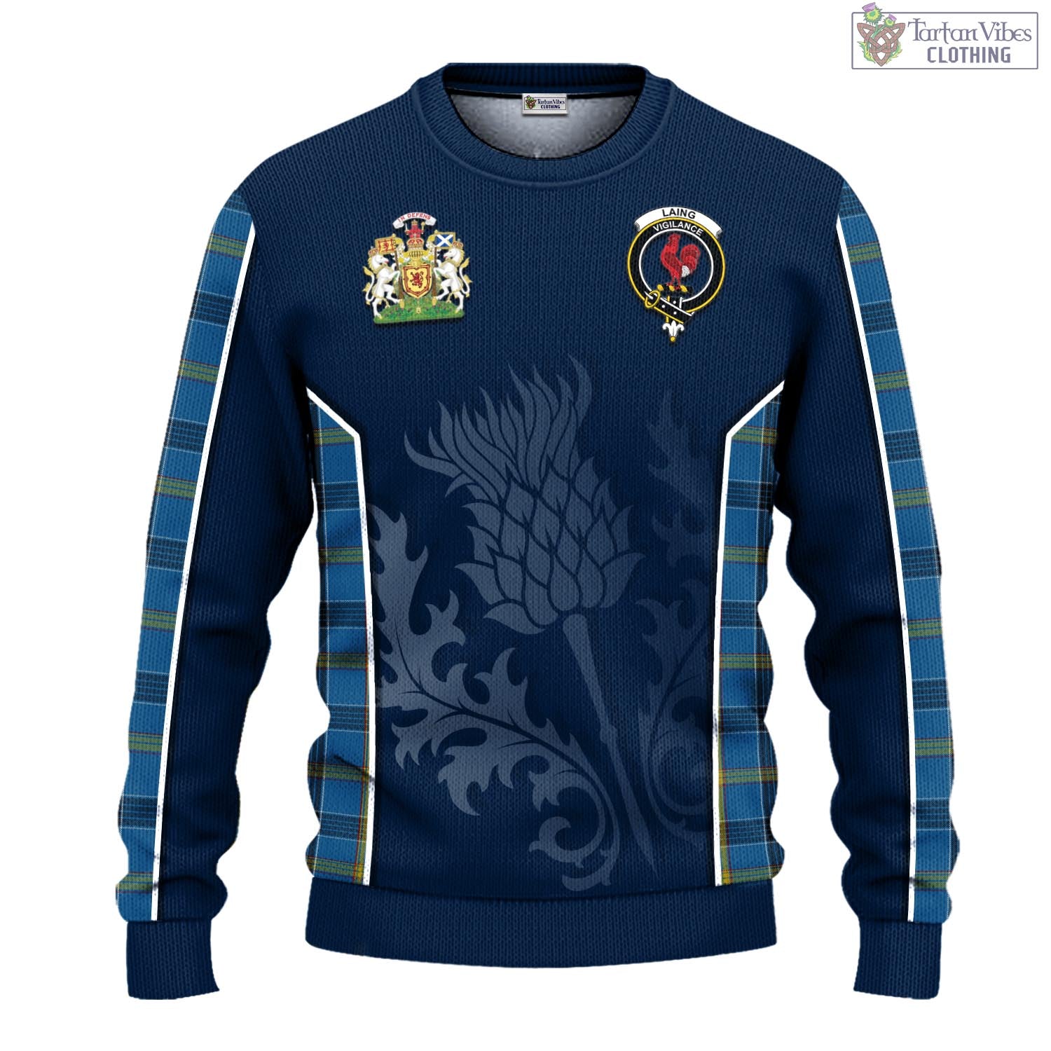 Tartan Vibes Clothing Laing Tartan Knitted Sweatshirt with Family Crest and Scottish Thistle Vibes Sport Style