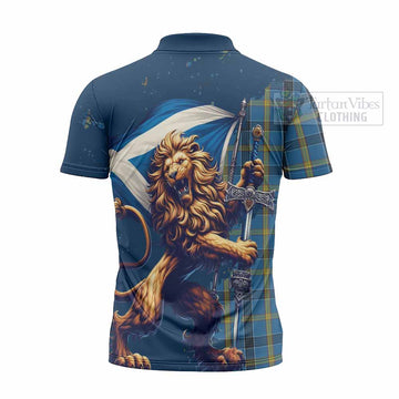 Laing Tartan Family Crest Zipper Polo Shirt with Scottish Majestic Lion