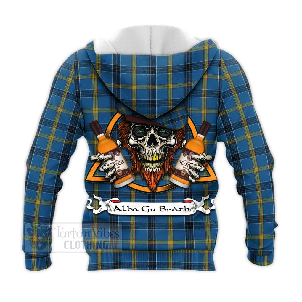 Tartan Vibes Clothing Laing Tartan Knitted Hoodie with Family Crest and Bearded Skull Holding Bottles of Whiskey