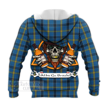 Laing Tartan Knitted Hoodie with Family Crest and Bearded Skull Holding Bottles of Whiskey