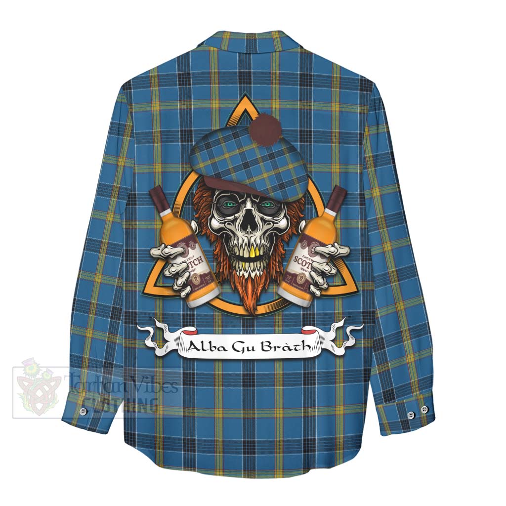 Tartan Vibes Clothing Laing Tartan Women's Casual Shirt with Family Crest and Bearded Skull Holding Bottles of Whiskey