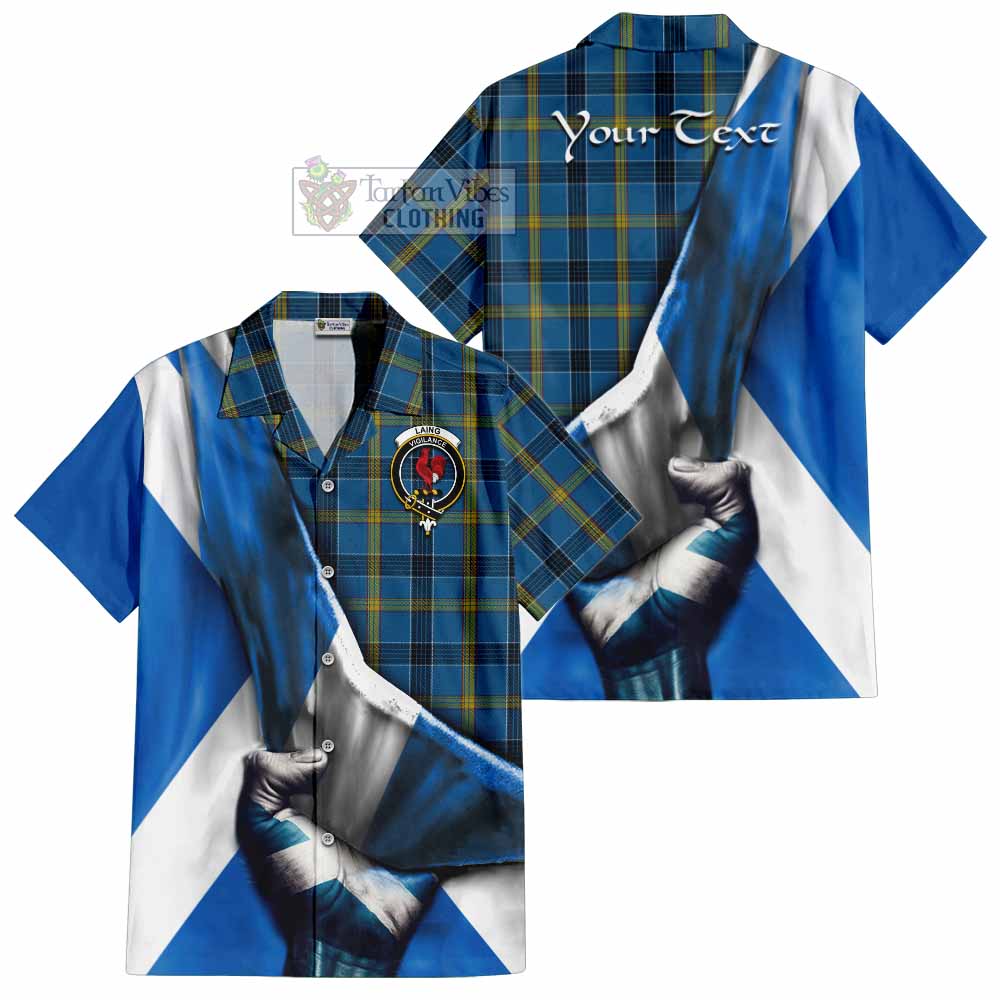 Tartan Vibes Clothing Laing Tartan Short Sleeve Button Shirt with Family Crest Scotland Patriotic Style