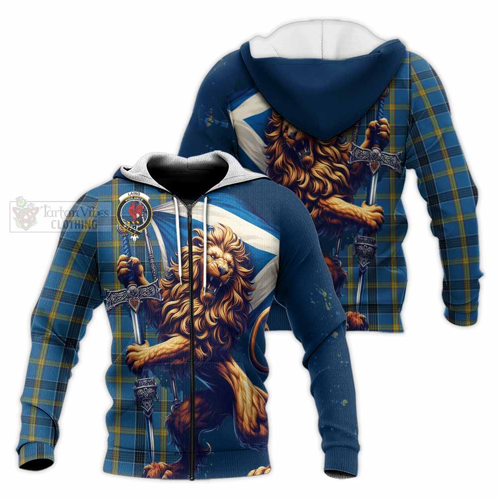 Tartan Vibes Clothing Laing Tartan Family Crest Knitted Hoodie with Scottish Majestic Lion