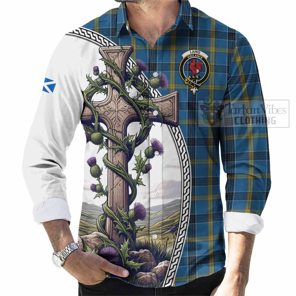 Tartan Vibes Clothing Laing Tartan Long Sleeve Button Shirt with Family Crest and St. Andrew's Cross Accented by Thistle Vines