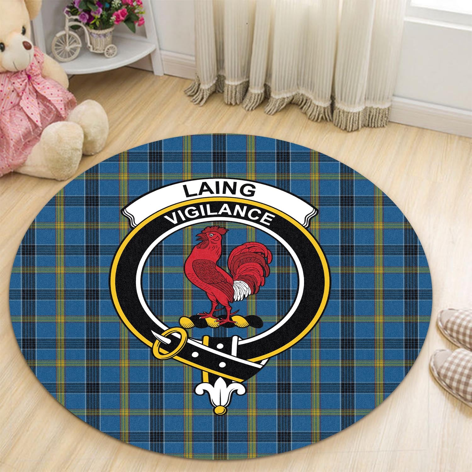 laing-tartan-round-rug-with-family-crest