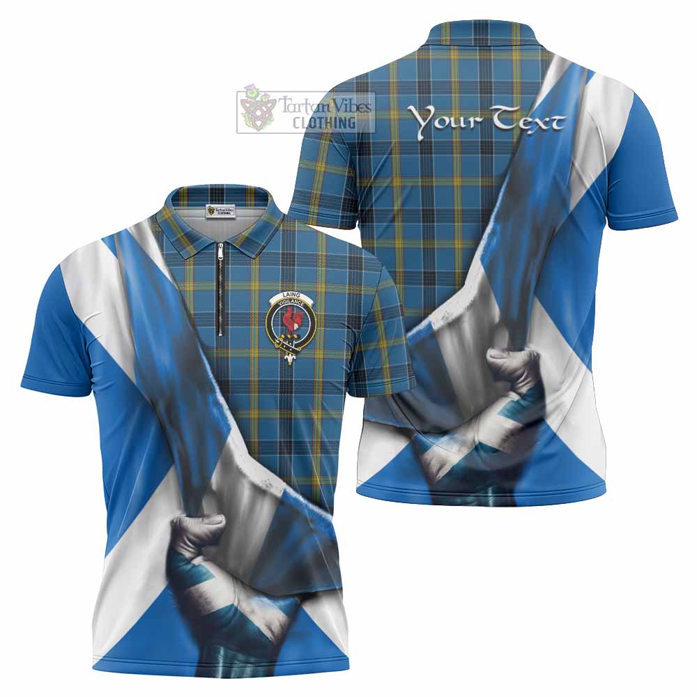 Tartan Vibes Clothing Laing Tartan Zipper Polo Shirt with Family Crest Scotland Patriotic Style