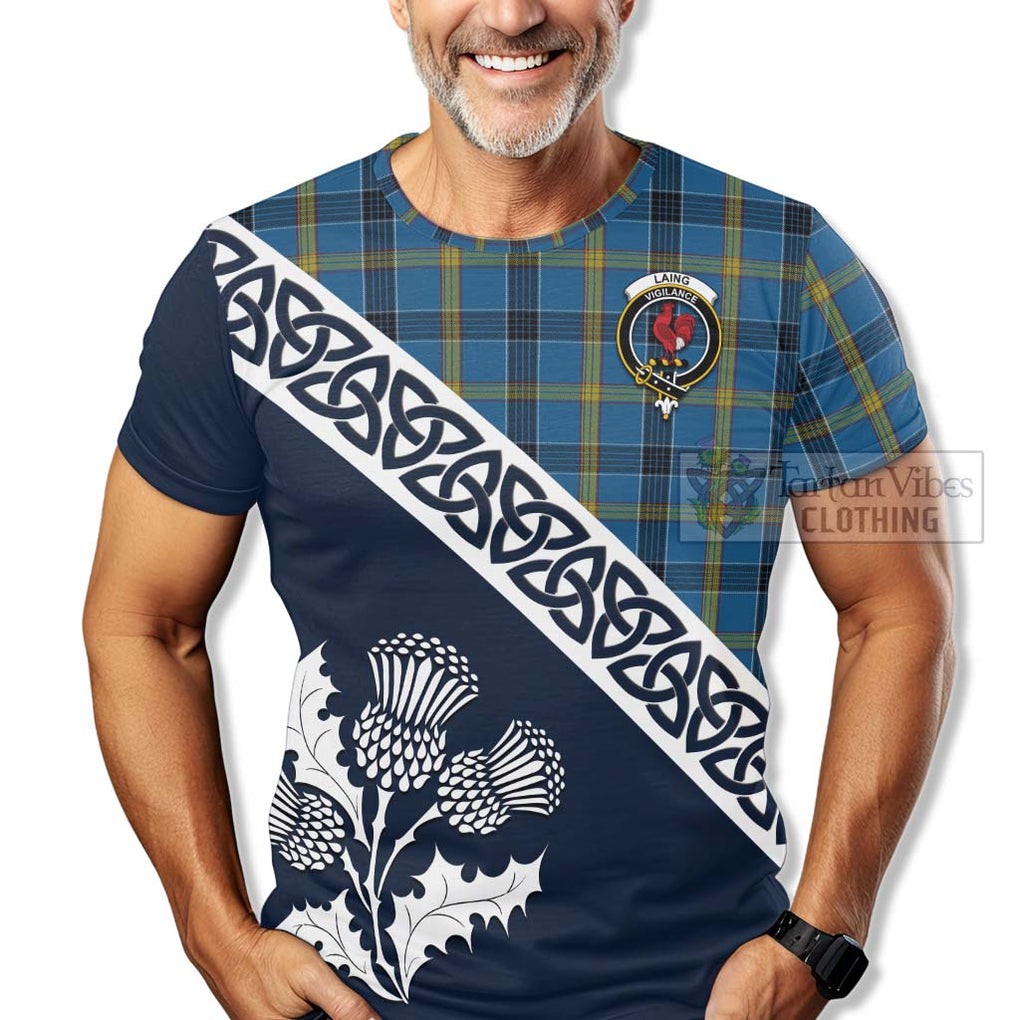 Laing Tartan T-Shirt Featuring Thistle and Scotland Map