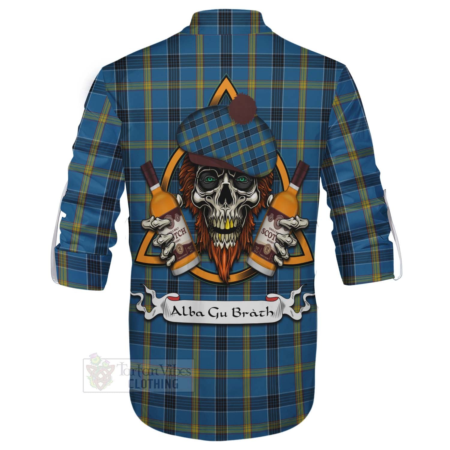 Tartan Vibes Clothing Laing Tartan Ghillie Kilt Shirt with Family Crest and Bearded Skull Holding Bottles of Whiskey