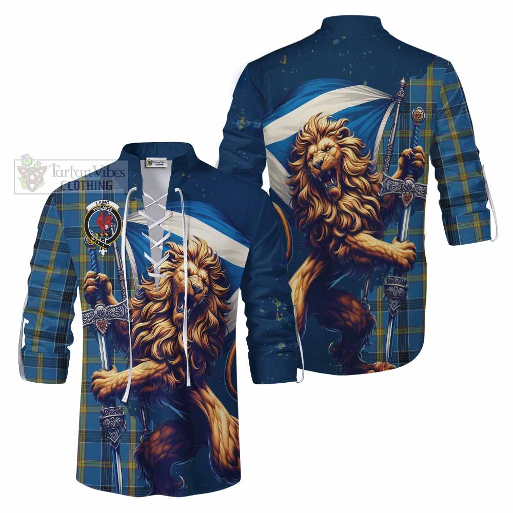 Tartan Vibes Clothing Laing Tartan Family Crest Ghillie Kilt Shirt with Scottish Majestic Lion