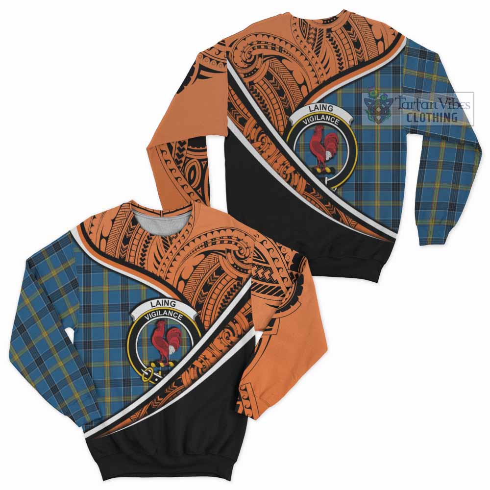 Tartan Vibes Clothing Laing Crest Tartan Sweatshirt with Maori Tattoo Style - Orange Version