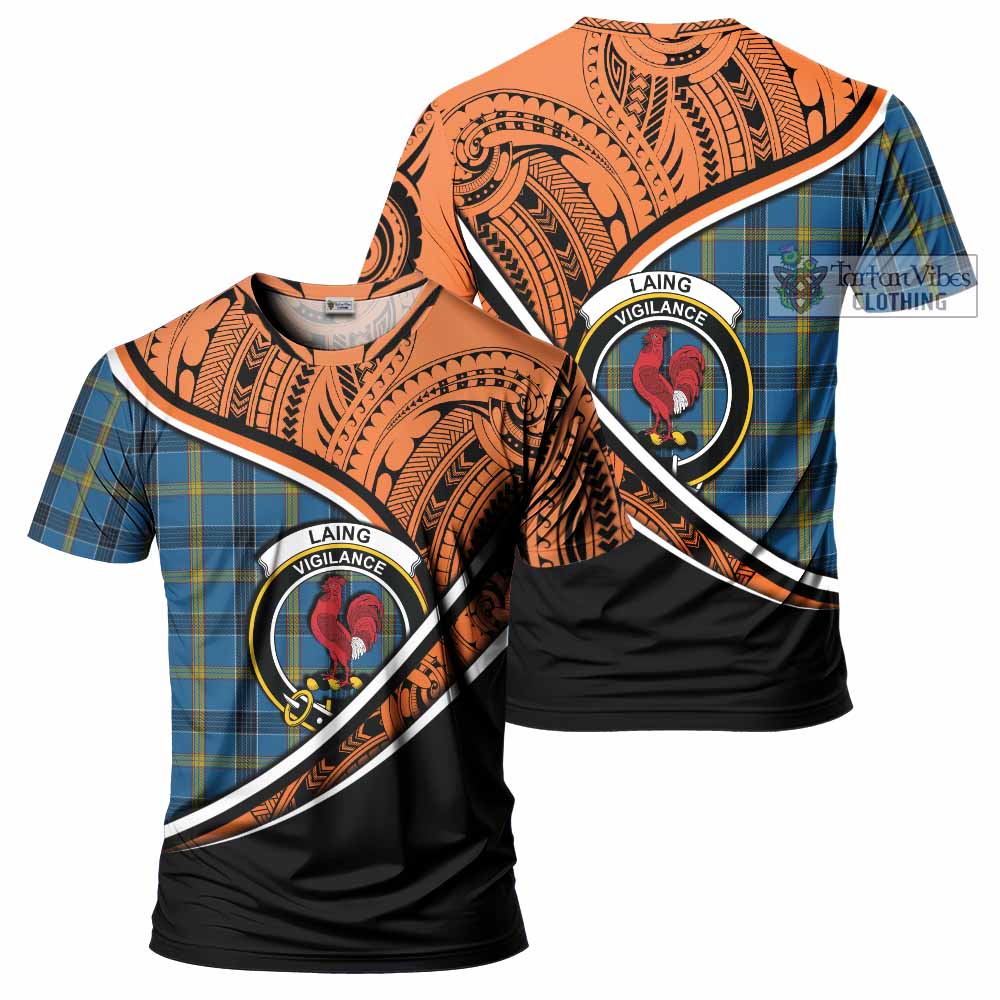 Tartan Vibes Clothing Laing Crest Tartan T-Shirt with Maori Tattoo Style - Orange Version