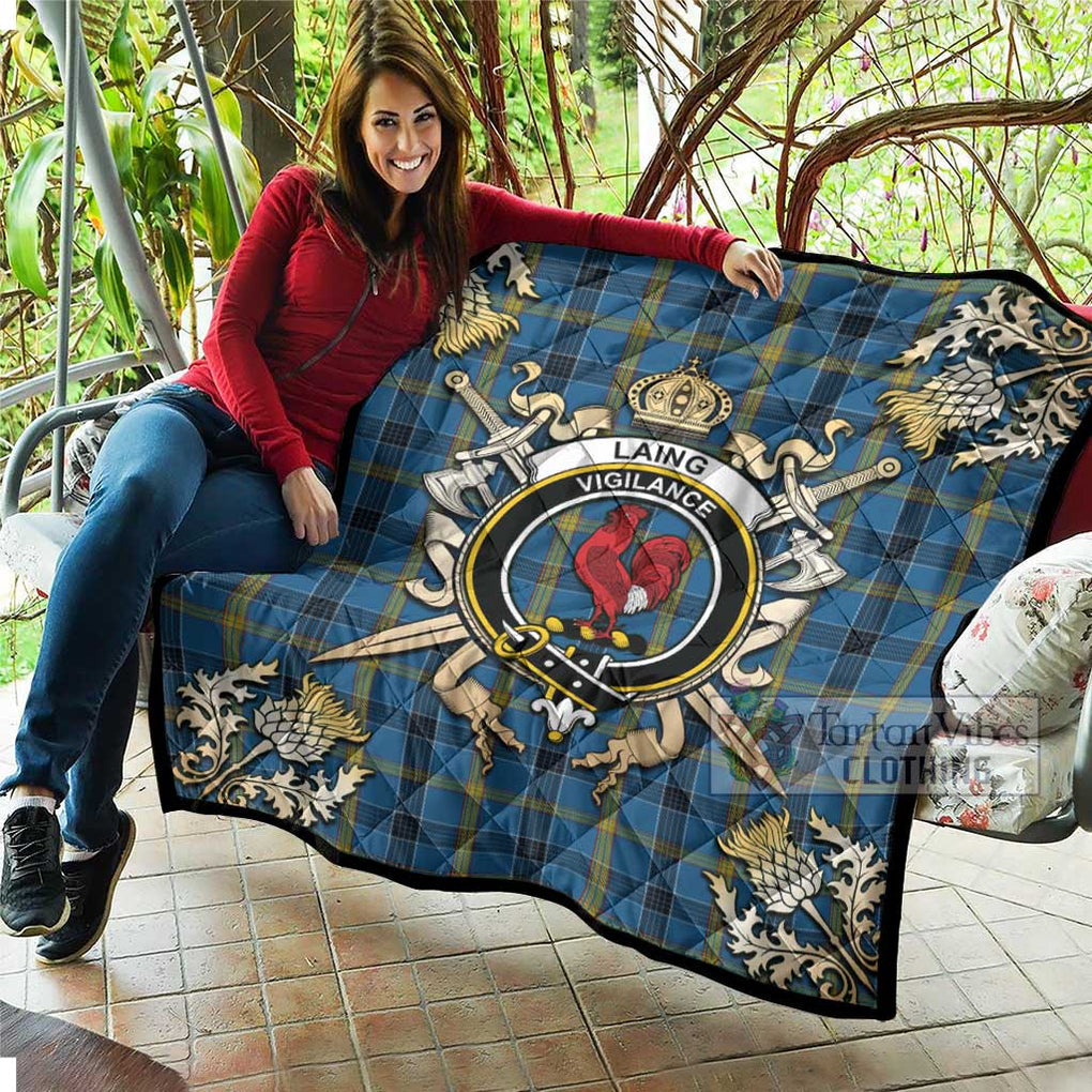 Tartan Vibes Clothing Laing Tartan Quilt with Family Crest and Scottish Golden Courage Shield