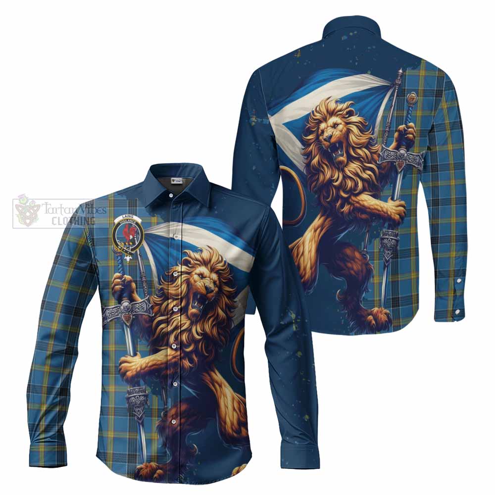 Tartan Vibes Clothing Laing Tartan Family Crest Long Sleeve Button Shirt with Scottish Majestic Lion