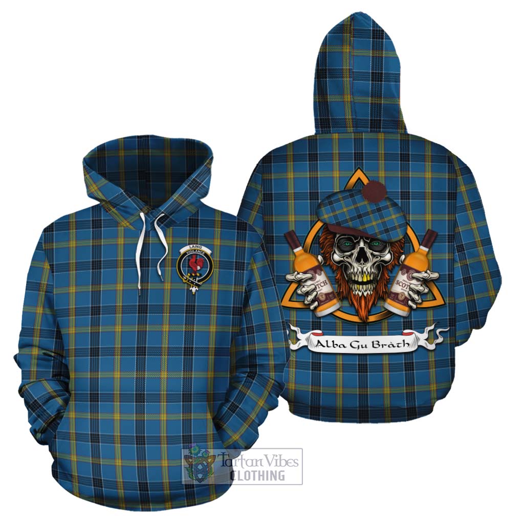 Tartan Vibes Clothing Laing Tartan Cotton Hoodie with Family Crest and Bearded Skull Holding Bottles of Whiskey