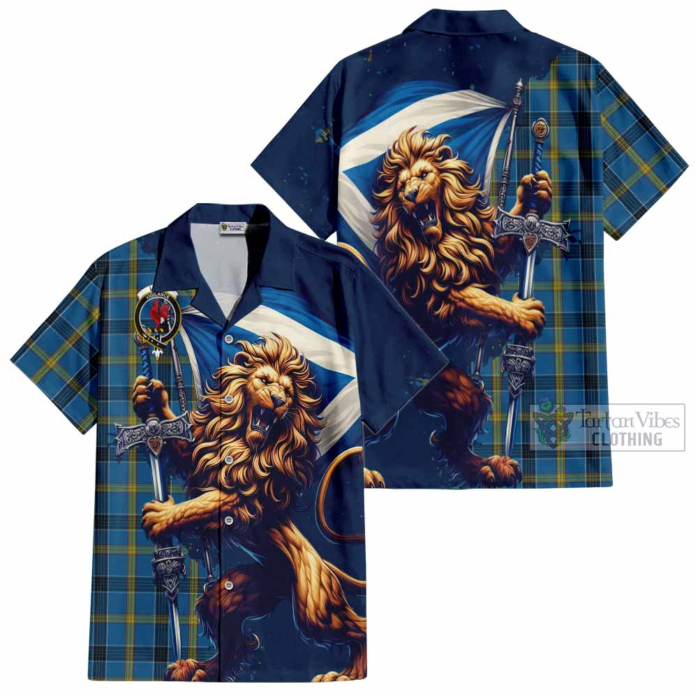 Tartan Vibes Clothing Laing Tartan Family Crest Short Sleeve Button Shirt with Scottish Majestic Lion