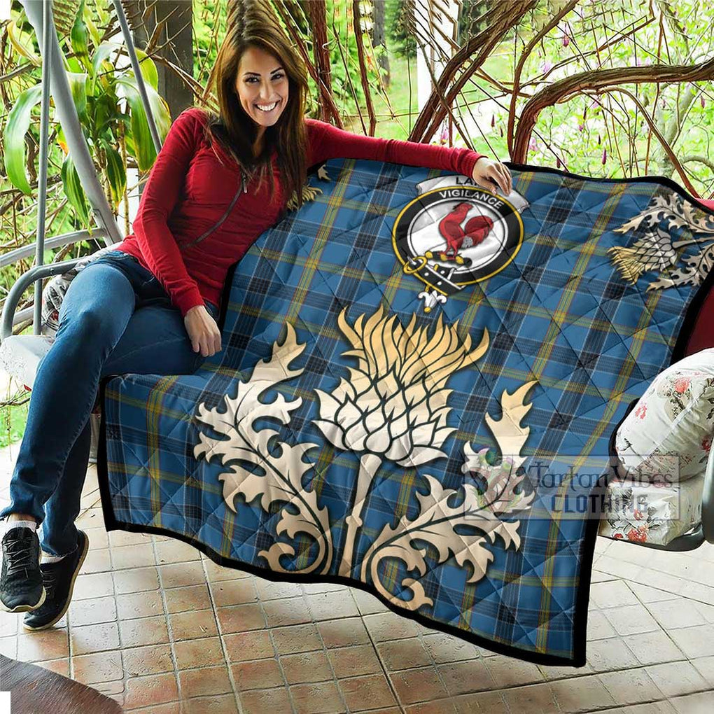 Tartan Vibes Clothing Laing Tartan Quilt with Family Crest and Golden Thistle Style