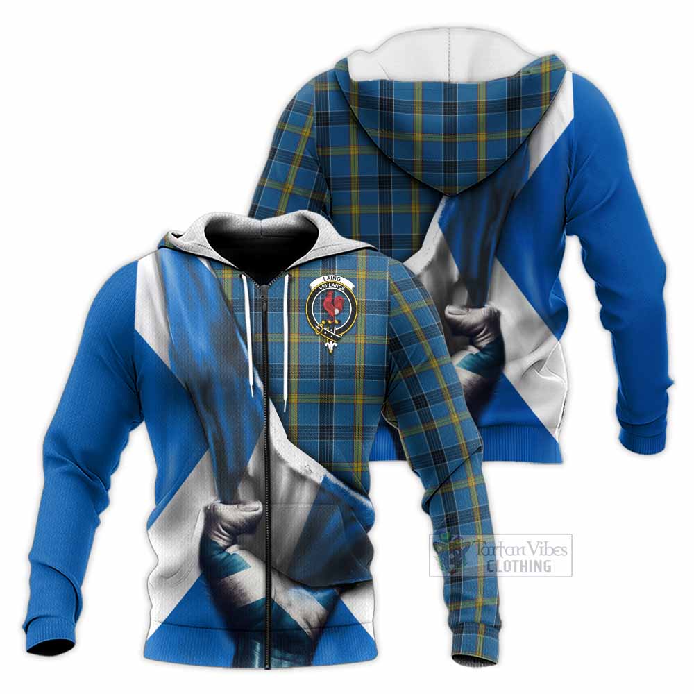 Tartan Vibes Clothing Laing Tartan Knitted Hoodie with Family Crest Scotland Patriotic Style