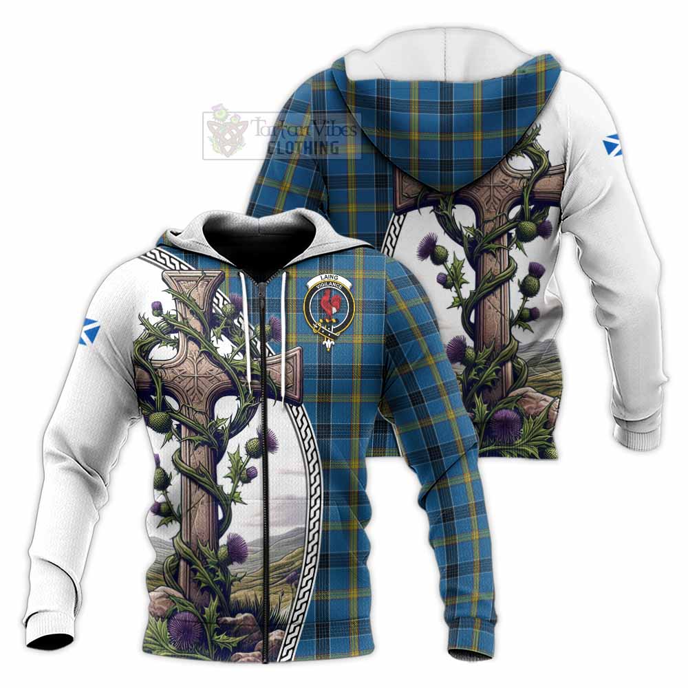 Tartan Vibes Clothing Laing Tartan Knitted Hoodie with Family Crest and St. Andrew's Cross Accented by Thistle Vines