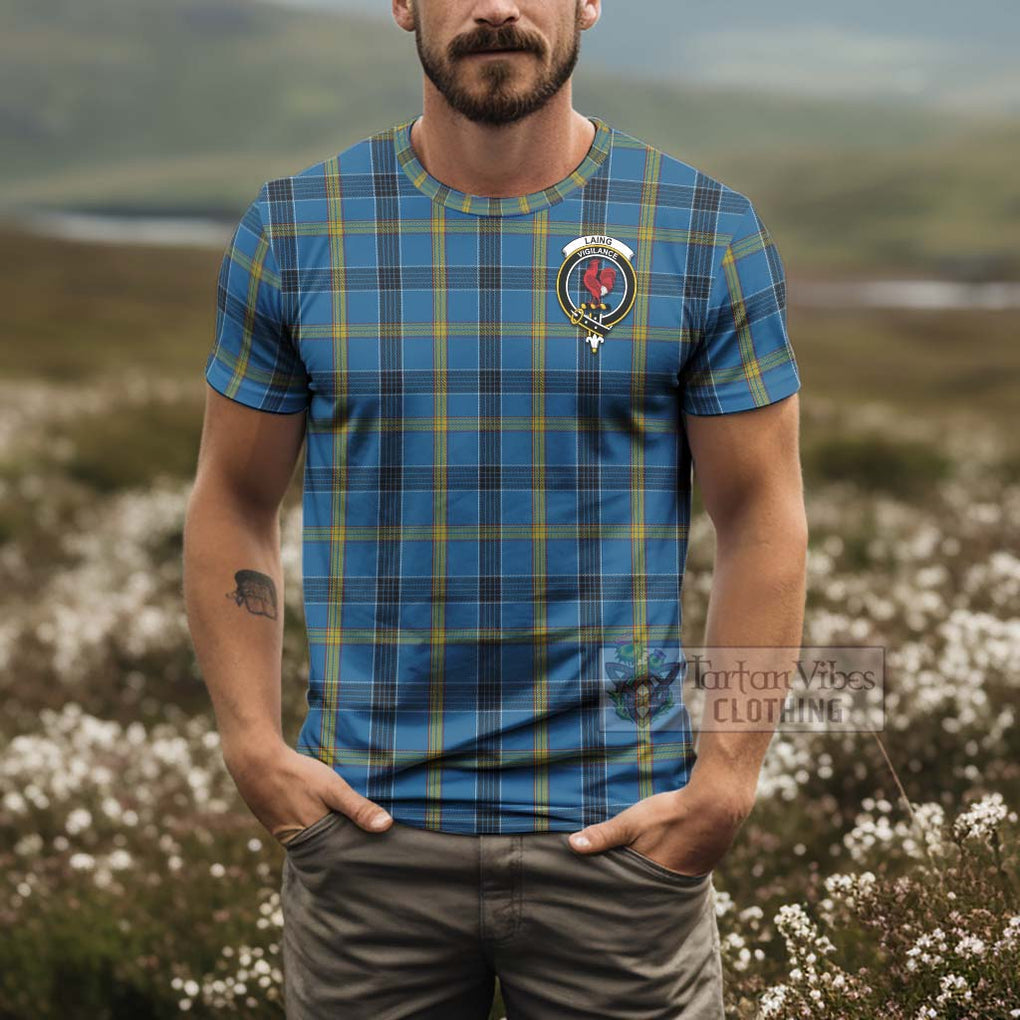 Tartan Vibes Clothing Laing Tartan T-Shirt with Family Crest and Bearded Skull Holding Bottles of Whiskey