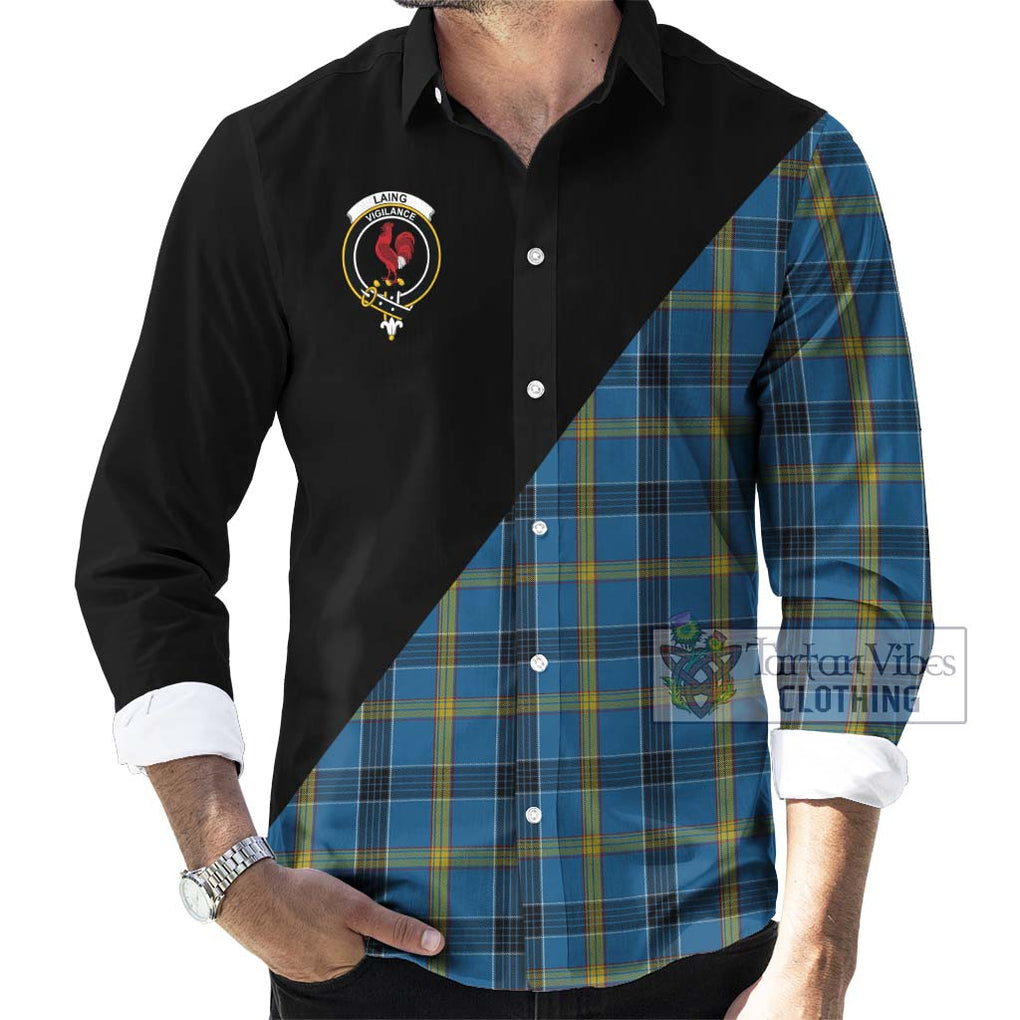 Laing Tartan Long Sleeve Button Shirt with Family Crest and Military Logo Style - Tartanvibesclothing Shop