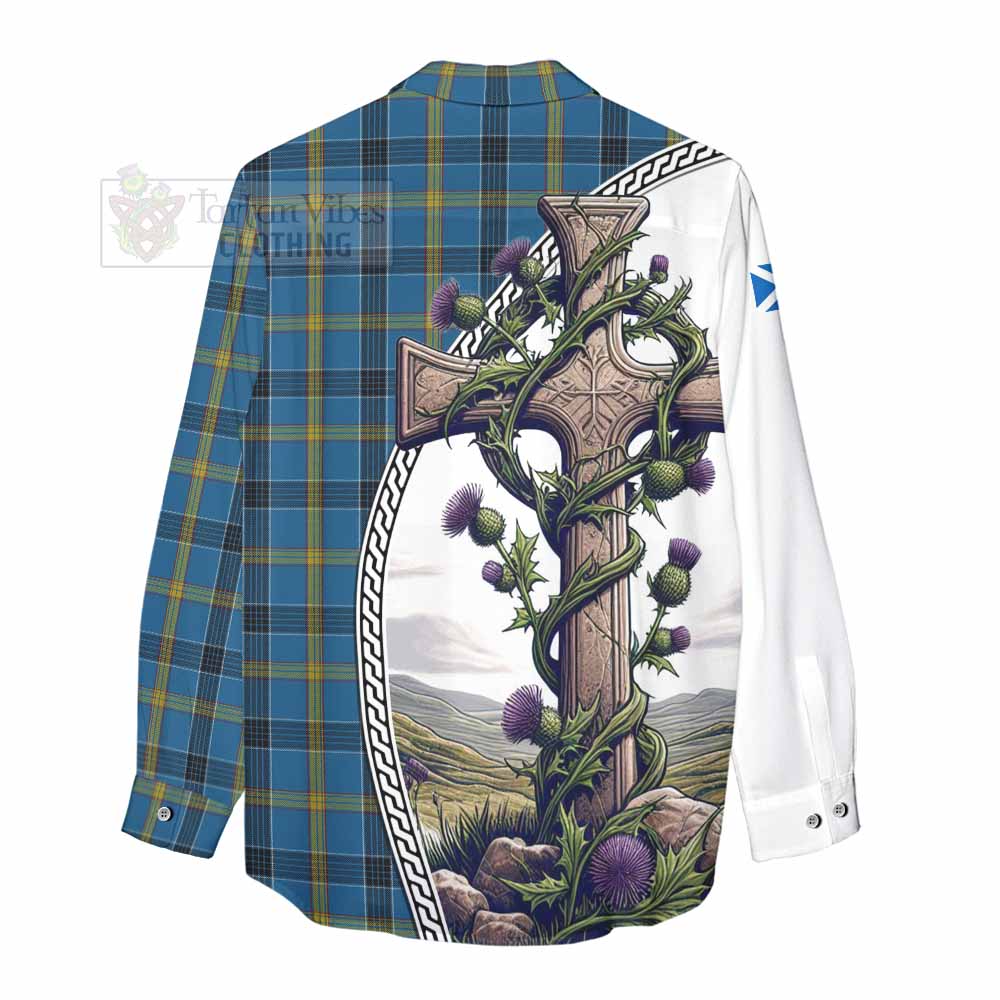 Tartan Vibes Clothing Laing Tartan Women's Casual Shirt with Family Crest and St. Andrew's Cross Accented by Thistle Vines