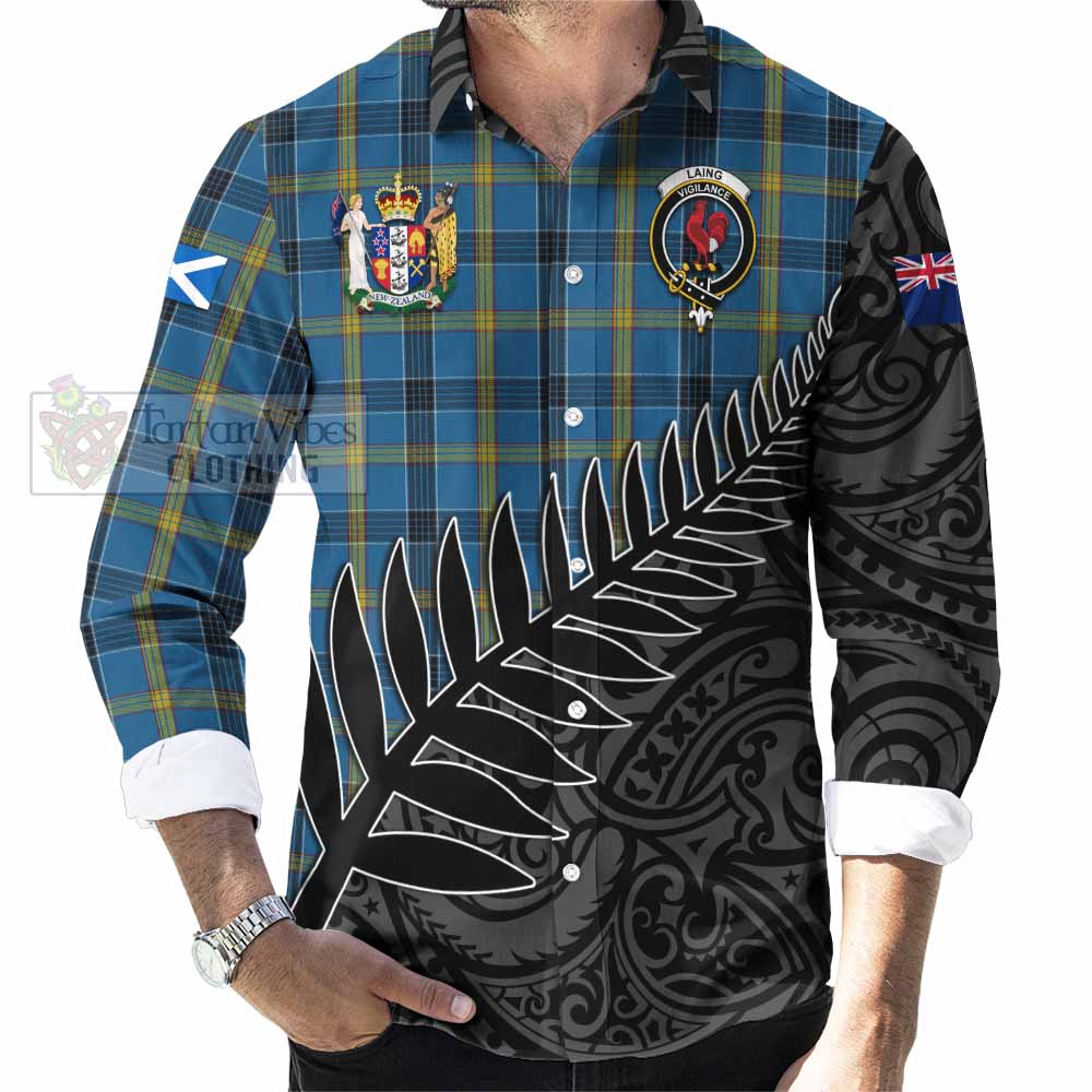 Tartan Vibes Clothing Laing Crest Tartan Long Sleeve Button Shirt with New Zealand Silver Fern Half Style