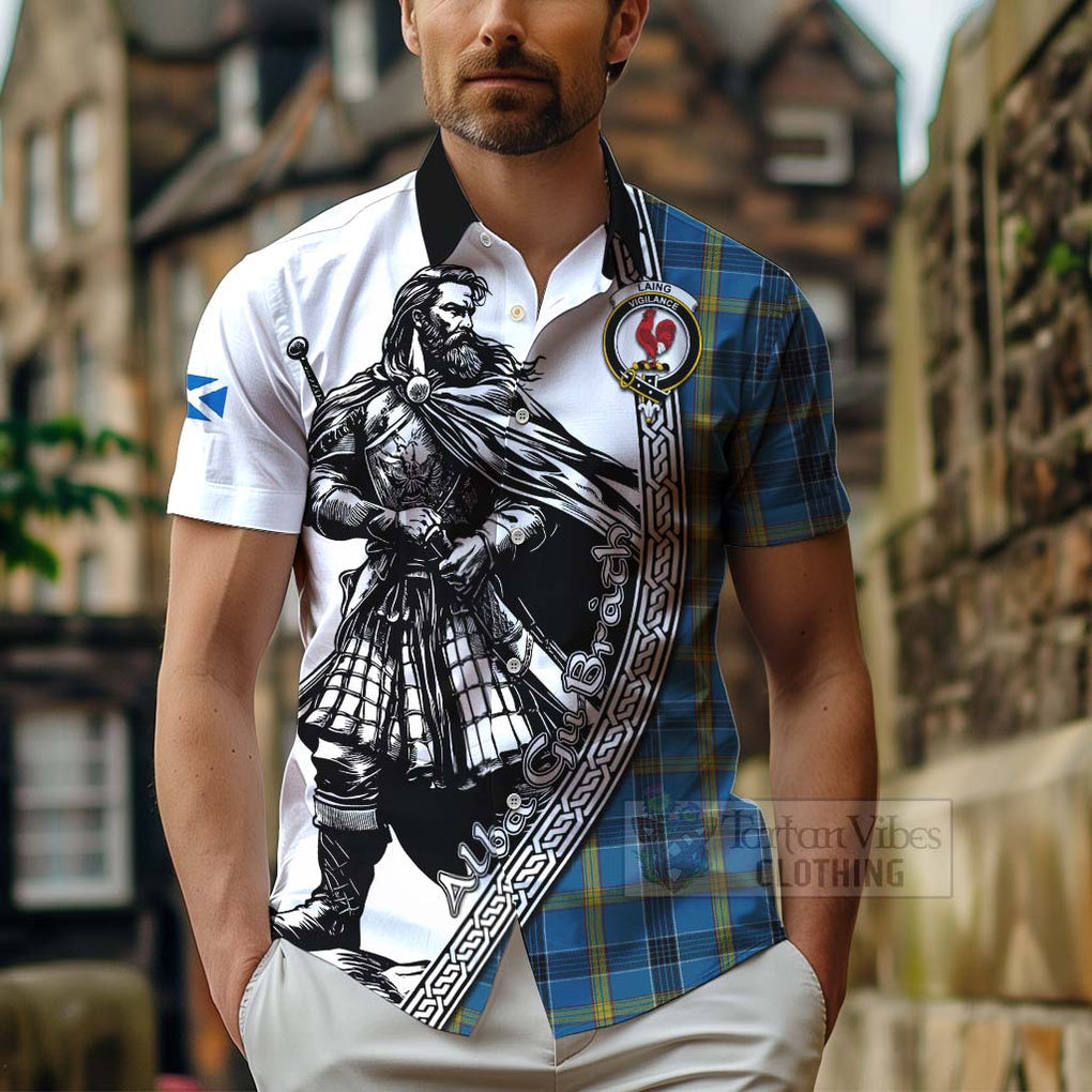 Tartan Vibes Clothing Laing Tartan Clan Crest Short Sleeve Button Shirt with Highlander Warrior Celtic Style