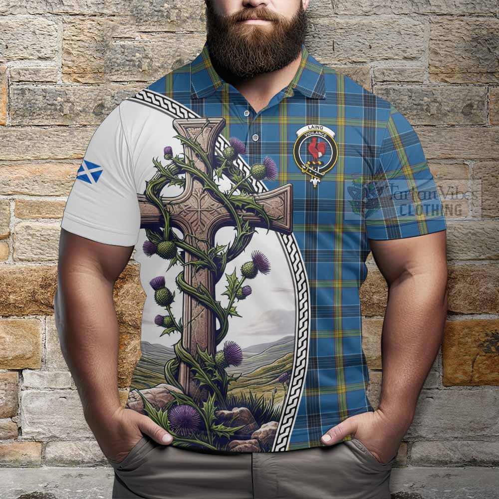 Tartan Vibes Clothing Laing Tartan Polo Shirt with Family Crest and St. Andrew's Cross Accented by Thistle Vines