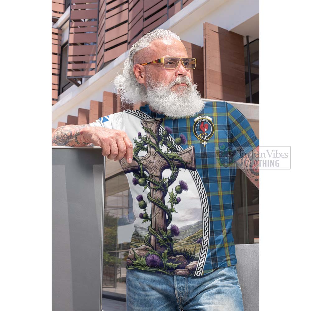 Tartan Vibes Clothing Laing Tartan Cotton T-shirt with Family Crest and St. Andrew's Cross Accented by Thistle Vines