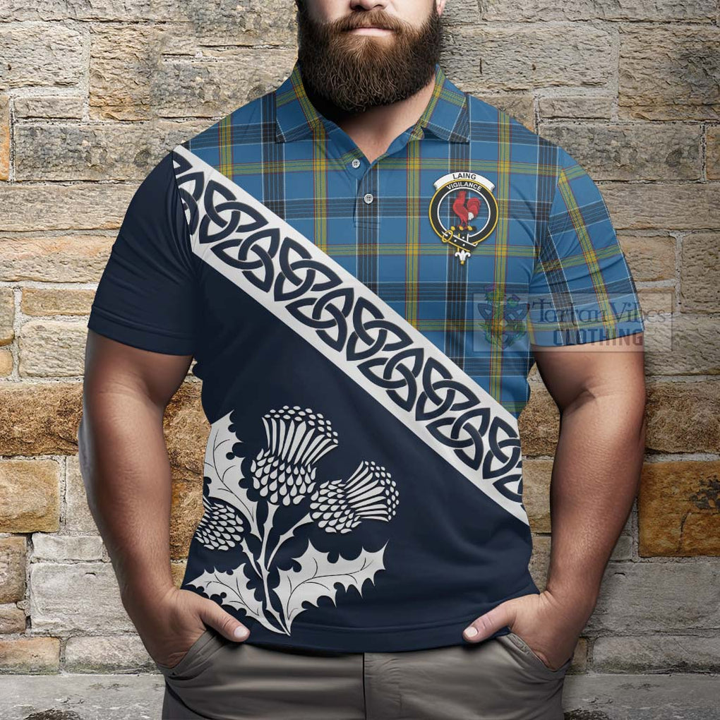 Laing Tartan Polo Shirt Featuring Thistle and Scotland Map