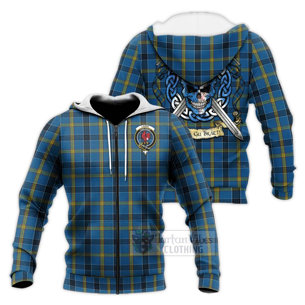 Tartan Vibes Clothing Laing Tartan Knitted Hoodie with Family Crest Celtic Skull Style