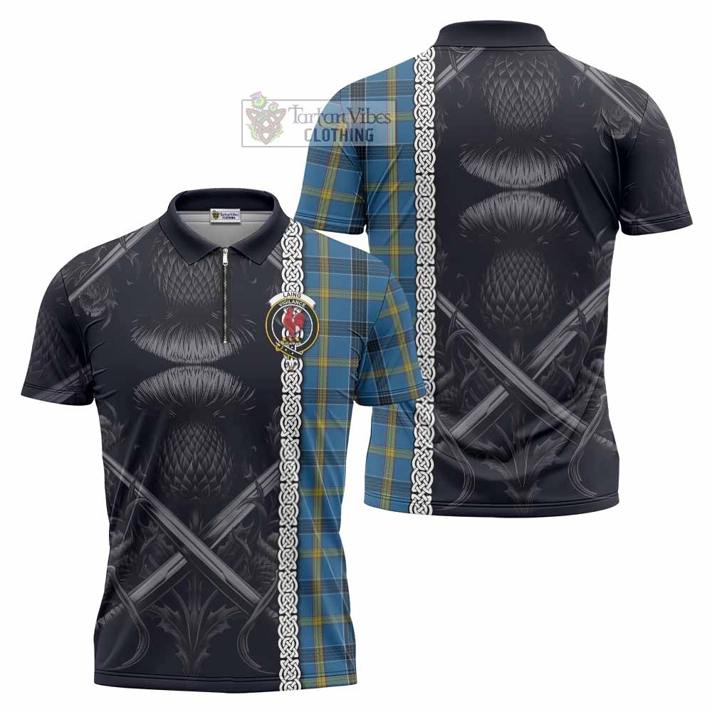 Tartan Vibes Clothing Laing Tartan Zipper Polo Shirt with Family Crest Cross Sword Thistle Celtic Vibes