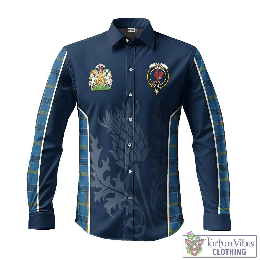 Tartan Vibes Clothing Laing Tartan Long Sleeve Button Up Shirt with Family Crest and Scottish Thistle Vibes Sport Style