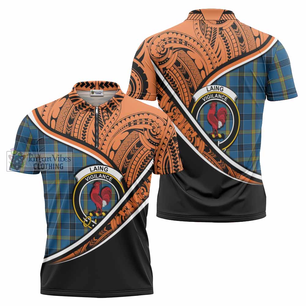 Tartan Vibes Clothing Laing Crest Tartan Zipper Polo Shirt with Maori Tattoo Style - Orange Version