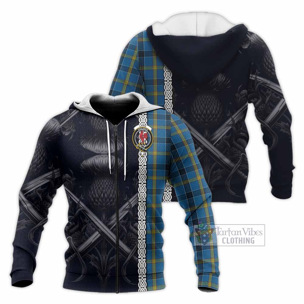 Laing Tartan Knitted Hoodie with Family Crest Cross Sword Thistle Celtic Vibes Unisex Knitted Zip Hoodie - Tartan Vibes Clothing