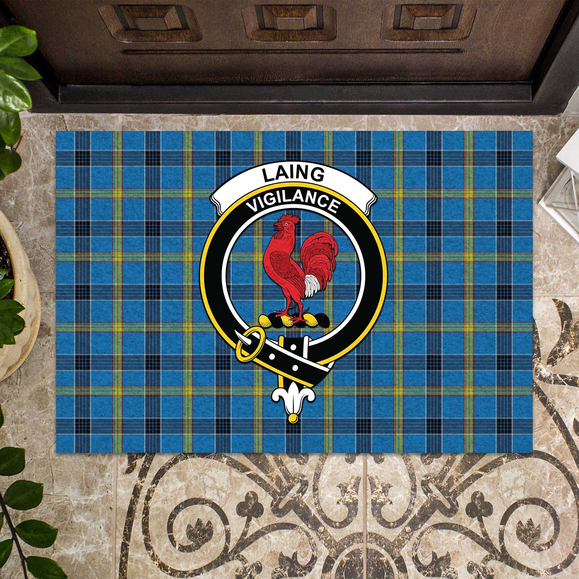 Laing Tartan Door Mat with Family Crest - Tartanvibesclothing