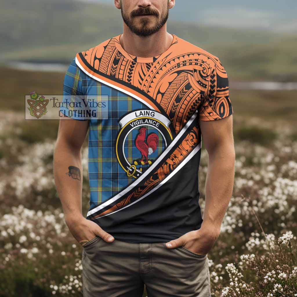 Tartan Vibes Clothing Laing Crest Tartan T-Shirt with Maori Tattoo Style - Orange Version