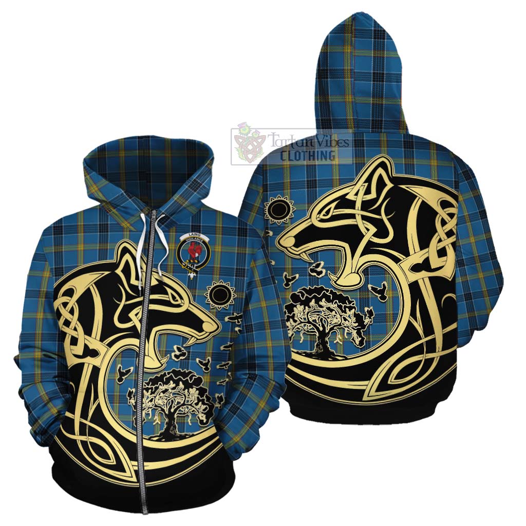 Tartan Vibes Clothing Laing Tartan Cotton Hoodie with Family Crest Celtic Wolf Style