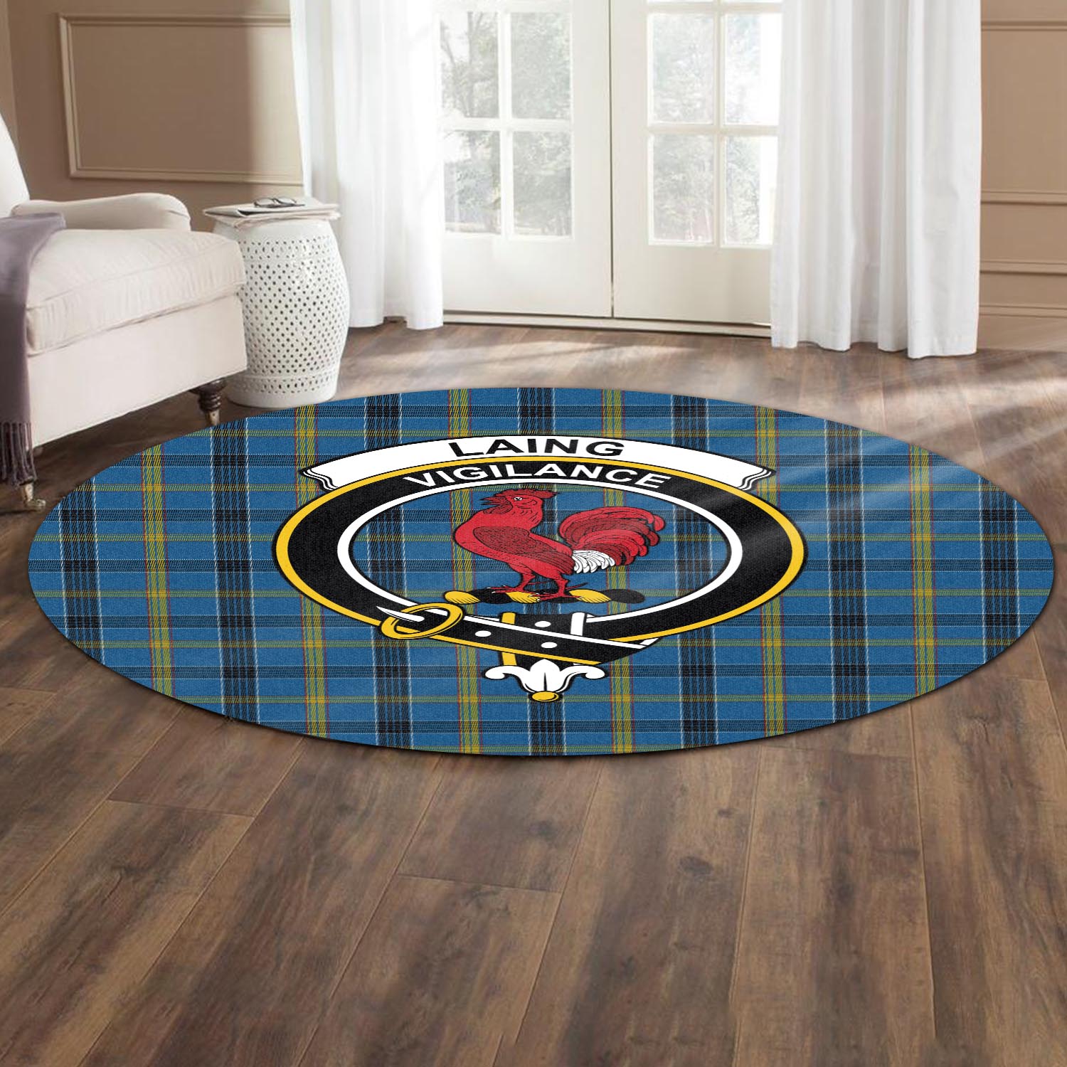 laing-tartan-round-rug-with-family-crest