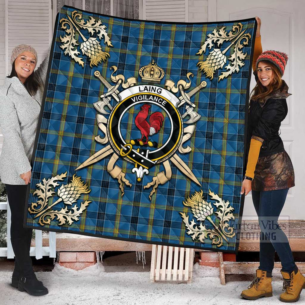 Tartan Vibes Clothing Laing Tartan Quilt with Family Crest and Scottish Golden Courage Shield