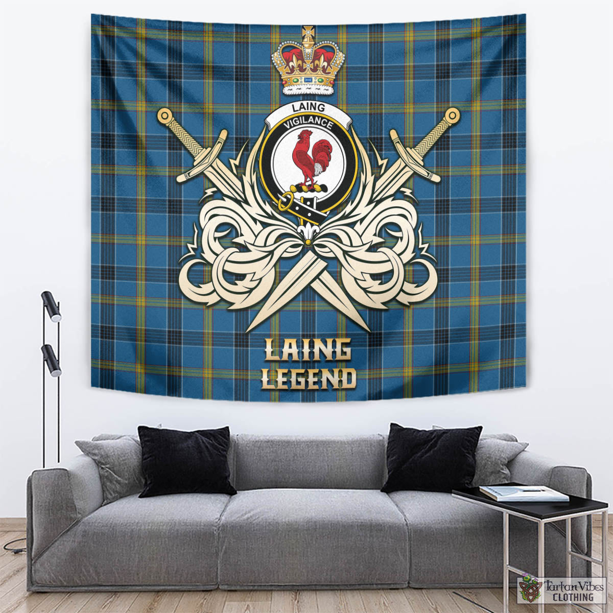 Tartan Vibes Clothing Laing Tartan Tapestry with Clan Crest and the Golden Sword of Courageous Legacy