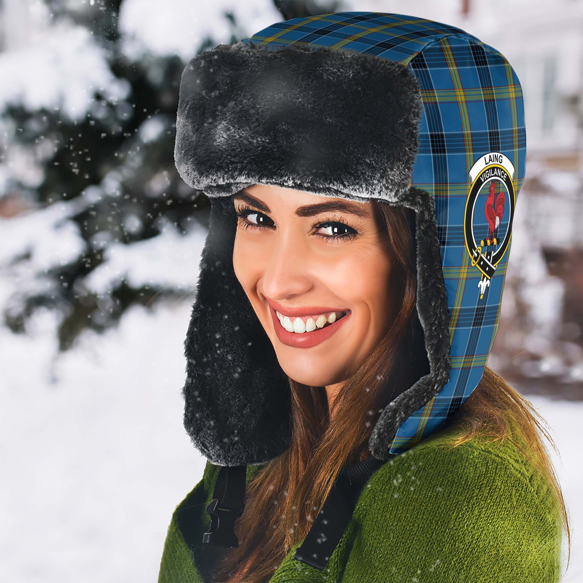 Laing Tartan Winter Trapper Hat with Family Crest - Tartanvibesclothing